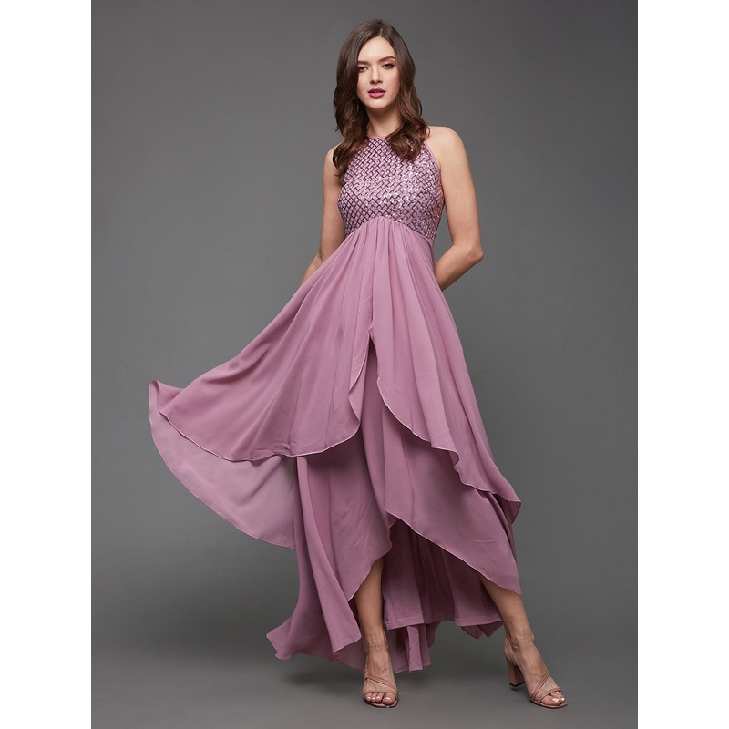 Dusty Lavender Halter Neck Sequinned Layered Fit and Flare Gown for Women XS Lavender