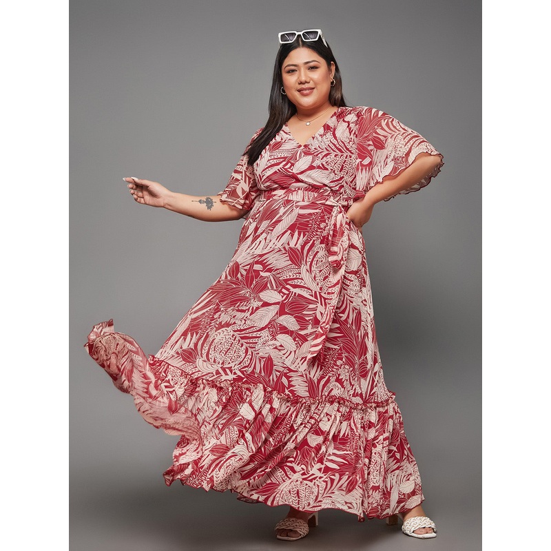 Maroon Floral Printed Flutter Sleeves Maxi Dress for Women XS Multicolored-Base-Maroon