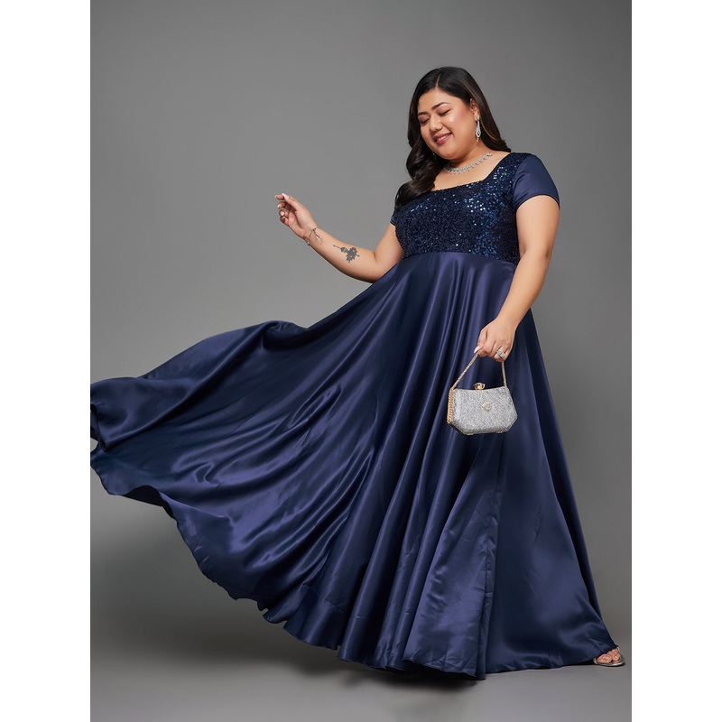 Navy Blue Short Sleeves Sequinned Fit and Flare Maxi Dress for Women XS Navy Blue
