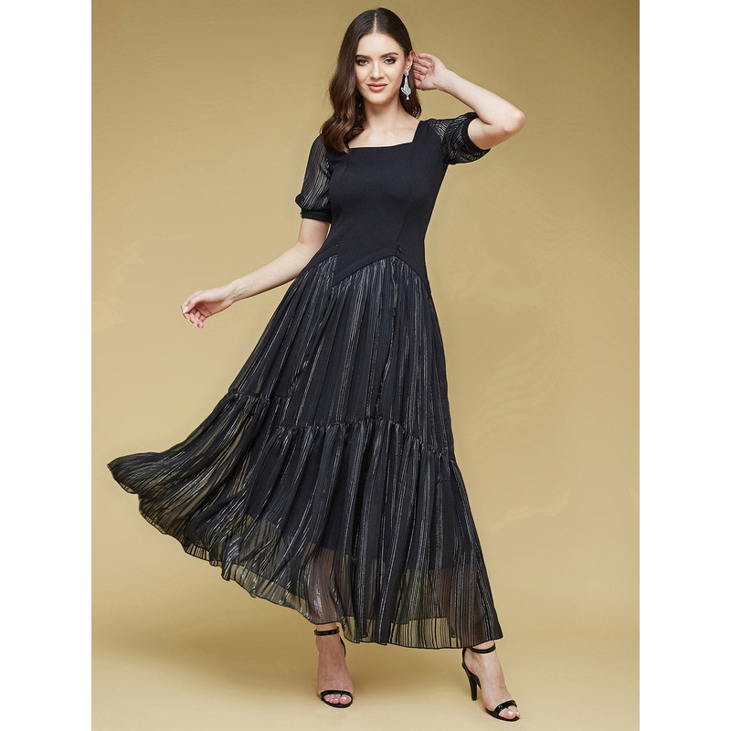 Women’s Black Solid Square Neck Half Sleeve Polyester Asymmetric Ankle Length Dress XS Black