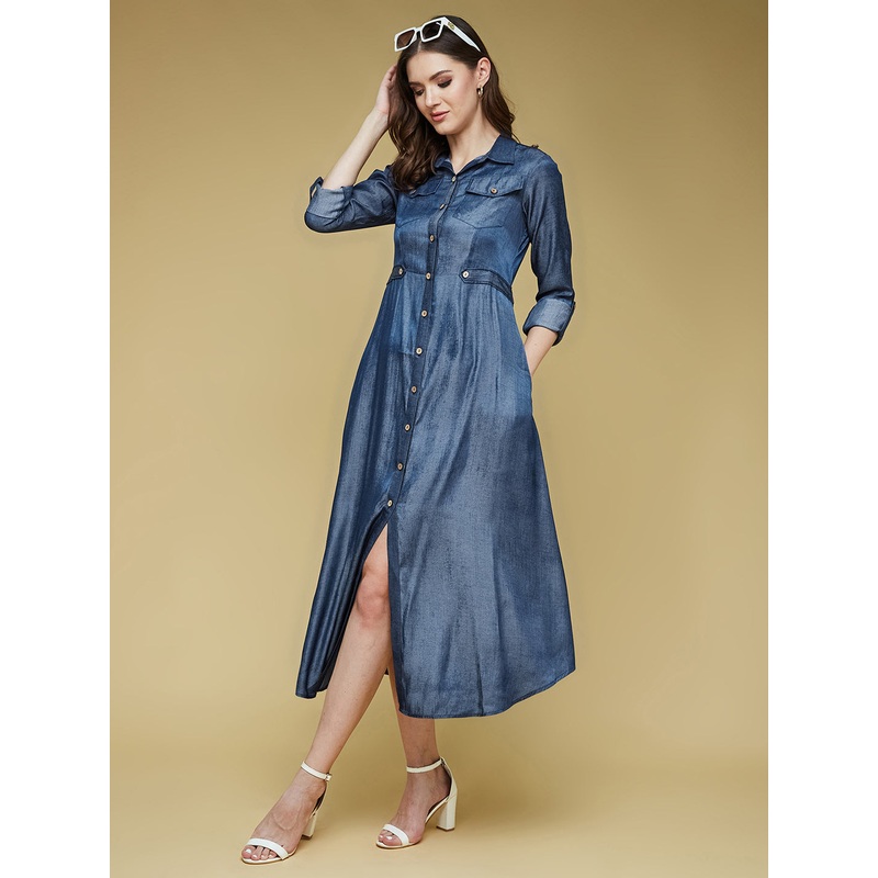 Women’s Blue Shirt Collar 3/4 Sleeve Solid Midi Polyester Shirt Dress XS Blue