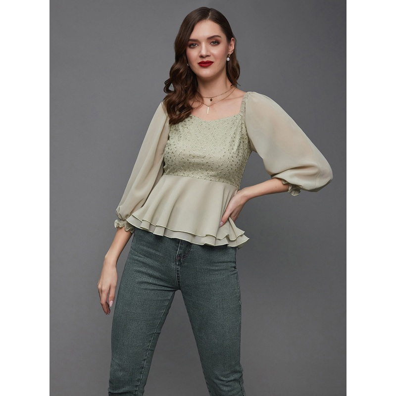 Women’s Dusty Green Sweetheart Neck Bishop Sleeve Embellished Peplum Georgette Regular Length Top XS Dusty Green