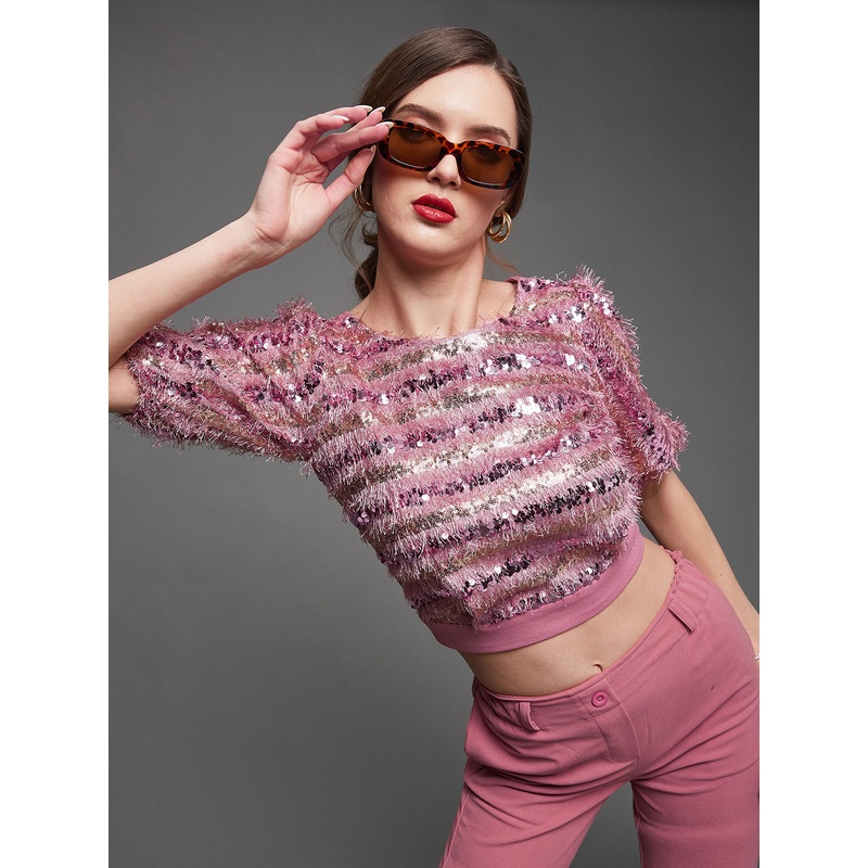 Women’s Dusty Pink Round Neck Puff Sleeves Polyester Embellished Crop Top XS Dusty Pink