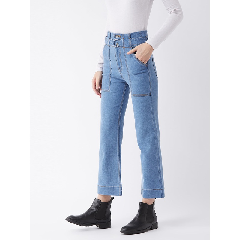 Women’s Light Blue flared High-Rise Clean-Look Cropped Stretchable Denim Jeans 26 Blue