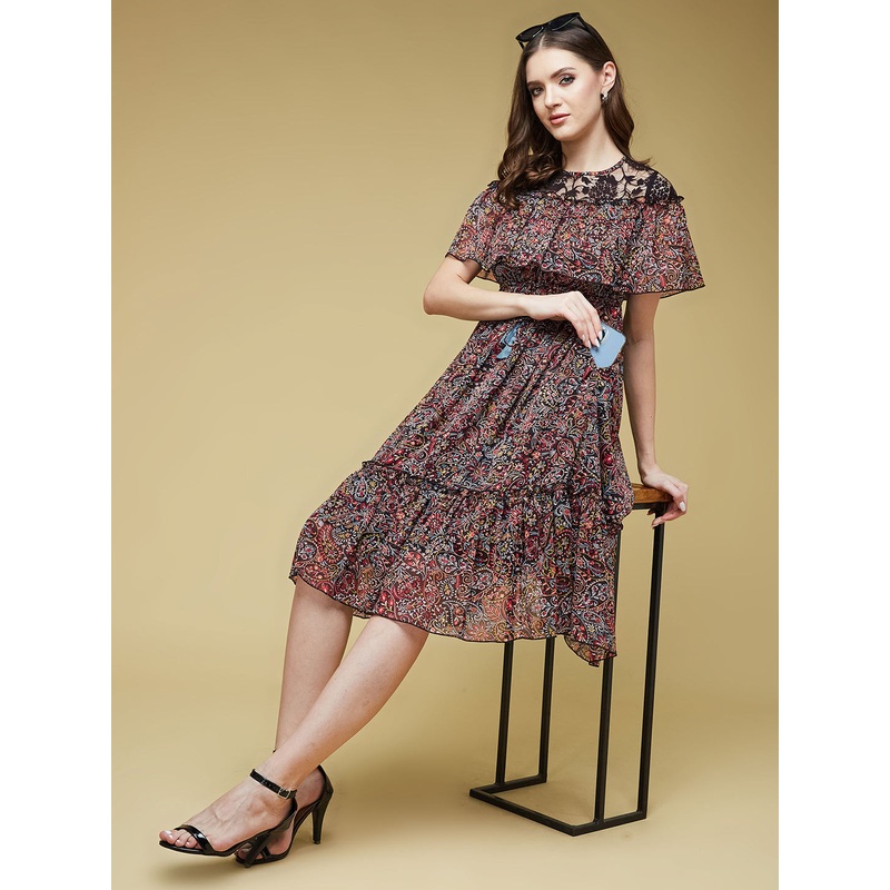 Women’s Multicolored-Base-Black Round Neck Sleeveless Polyester Ruffled Knee- Length Dress XS Black