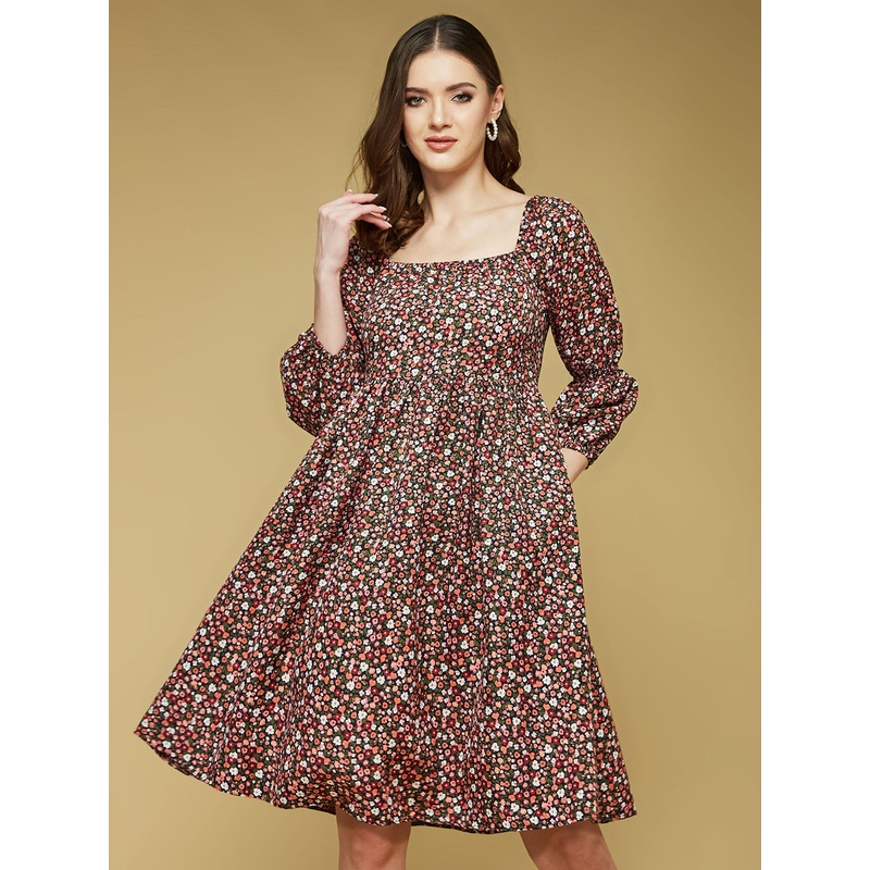 Women’s Multicolored-Base-Black Square Bishop Sleeve Viscose Rayon Floral Gathered Above Knee Dress XS Multicolored