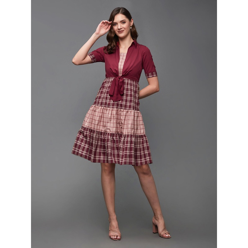 Women’s Multicolored-Base-Maroon Checkered Shirt Collar Cuffed Sleeves Polyester Tiered Above-Knee Dress XS Maroon