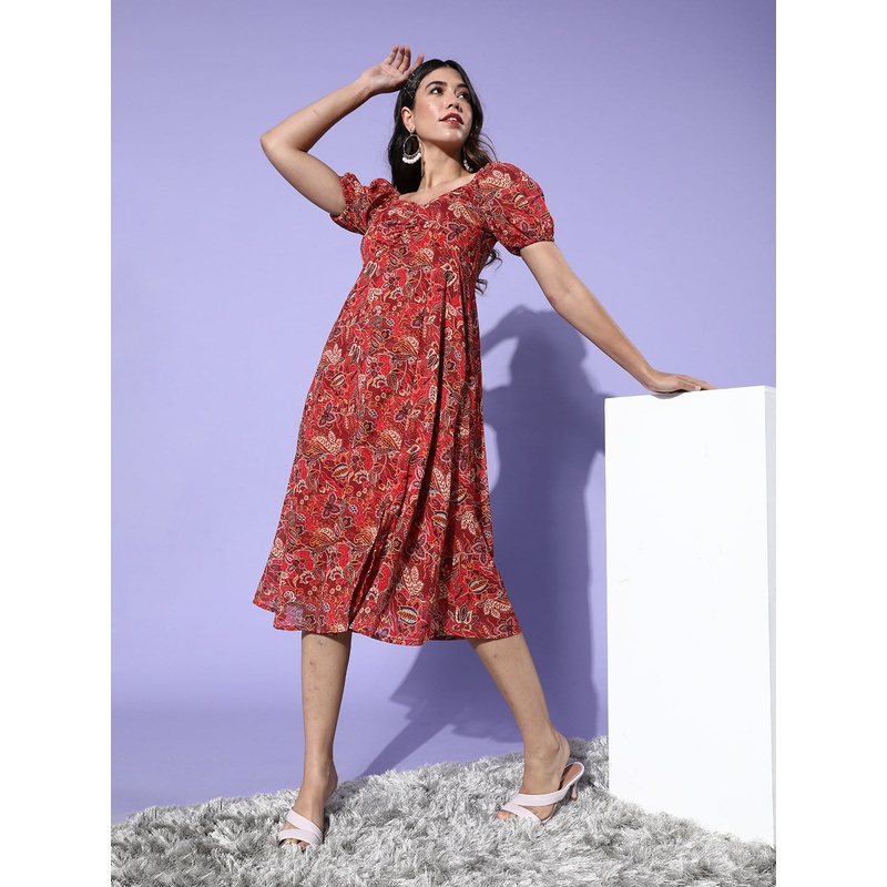 Women’s Multicolored-Base-Maroon Sweetheart Half Sleeve Bohemian Fit & Flare Midi Dress XS Multicolored-Base-Maroon