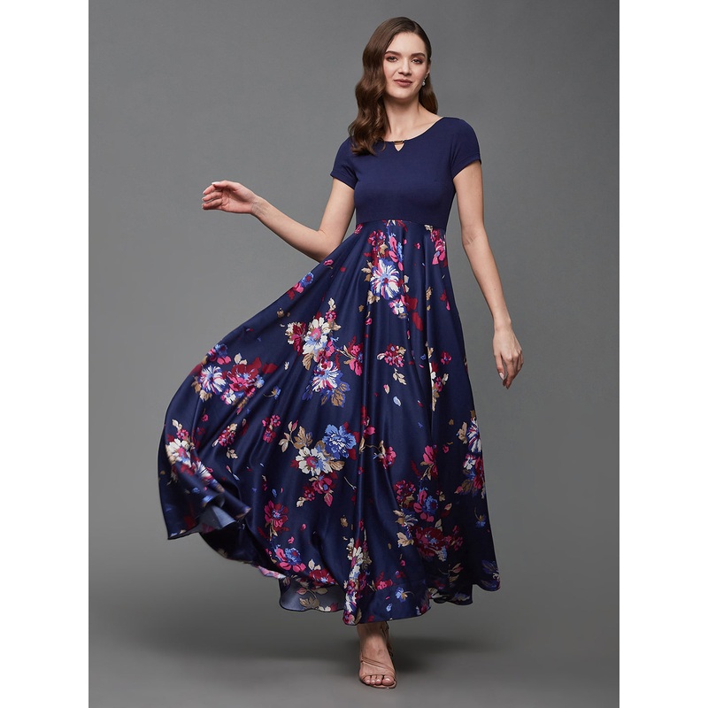 Women’s Multicolored-Base-Navy Blue Keyhole Neck Short Sleeve Floral Polyester Fit & Flare Maxi Dress XS Multicolored-Base-Navy Blue