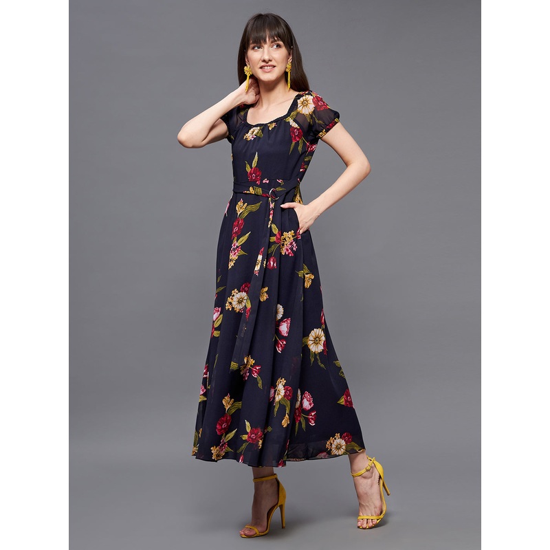 Women’s Multicolored Base-Navy Blue Square Neck Short Puff Sleeve Floral Fit & Flare Georgette Midi Dress XS Navy Blue