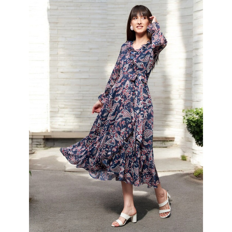 Women’s Multicolored-Base-Navy Blue V Neck Full Sleeves Polyester Relaxed Fit Midi Length Dress XS Multicolored-Base-Navy Blue