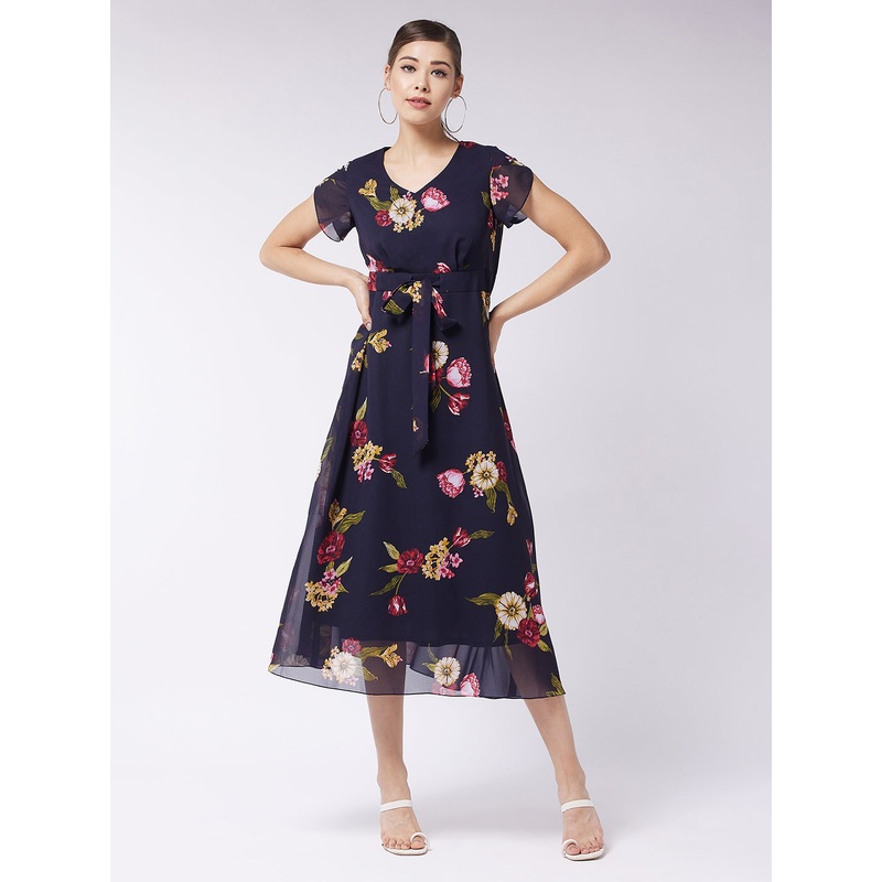 Women’s Multicolored-Base-Navy Blue V-Neck Short Sleeve Floral Pleated Midi Dress XS Multicolored-Base-Navy Blue
