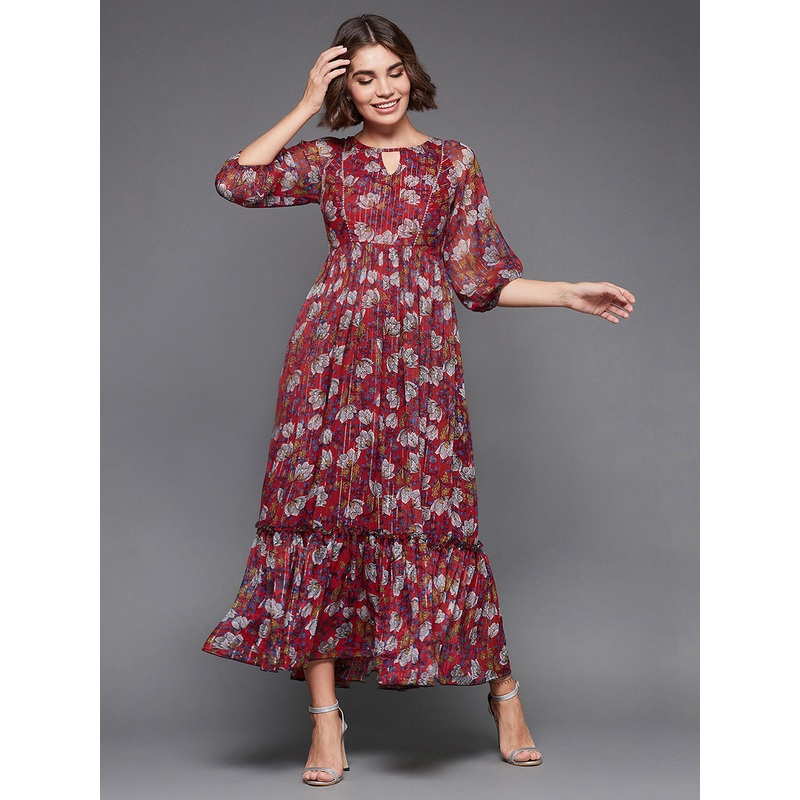 Women’s Multicolored-Base-Red Round Neck Bishop Sleeves Ankle Length Chiffon Printed Maxi Dress XS Multicolored-Base-Red