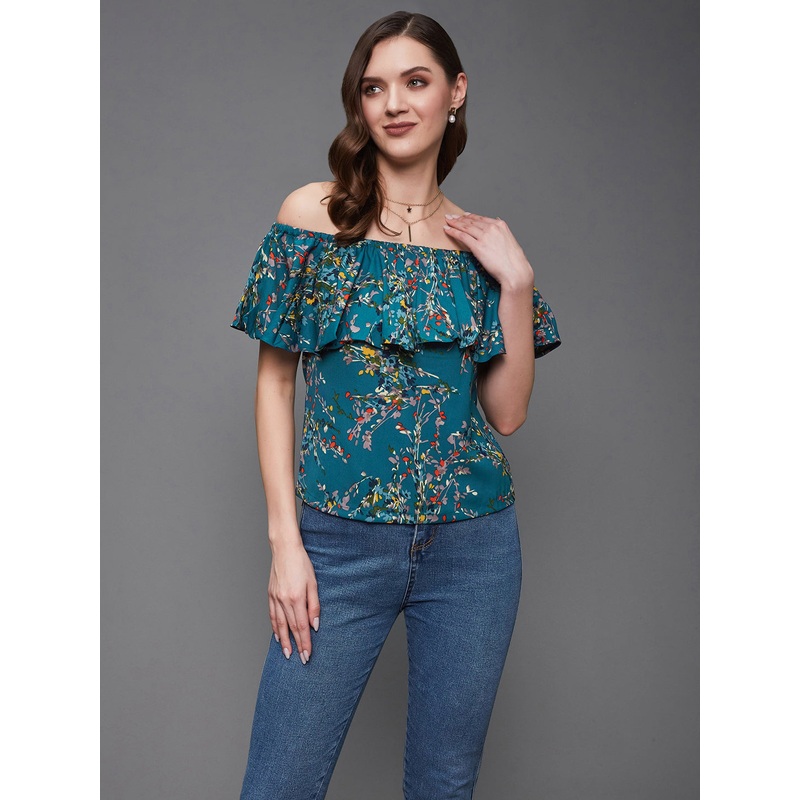Women’s Multicolored-Base-Turquoise Off-Shoulder Sleeveless Floral Bardot Regular Top XS Multicolored