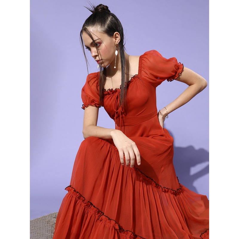 Women’s Rust Square Puff Sleeve Solid Tiered Maxi Dress XS Rust