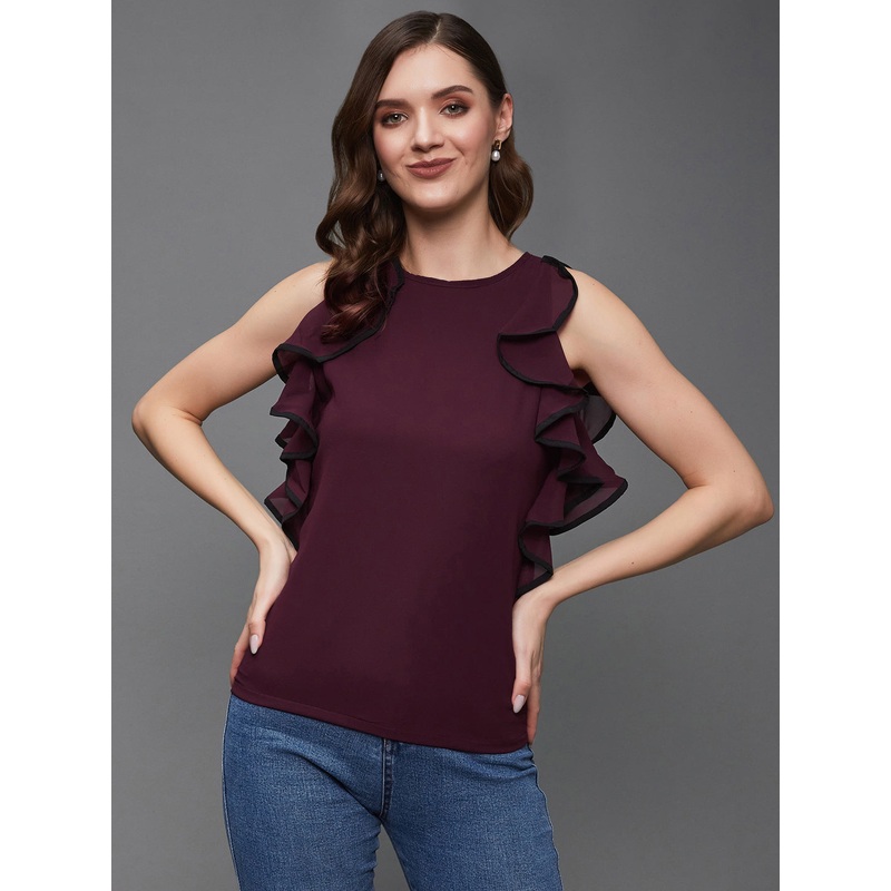 Women’s Wine and Black Round Neck Sleeveless Solid Ruffle Regular Top XS Wine and Black