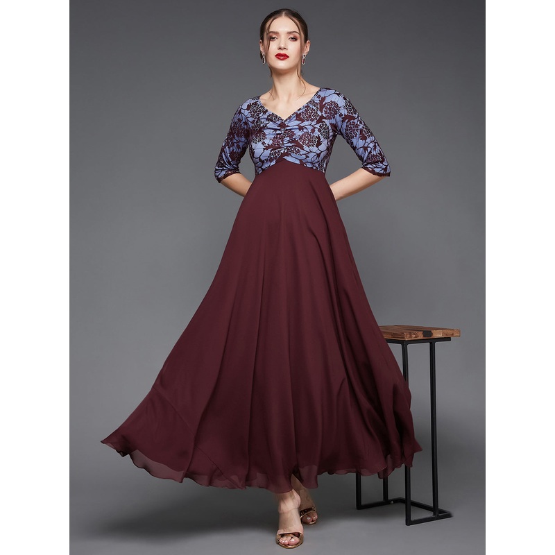 Women’s Wine Sweet heart neck 3/4 Sleeve Self Design Fit & Flare Maxi Dress XS Wine