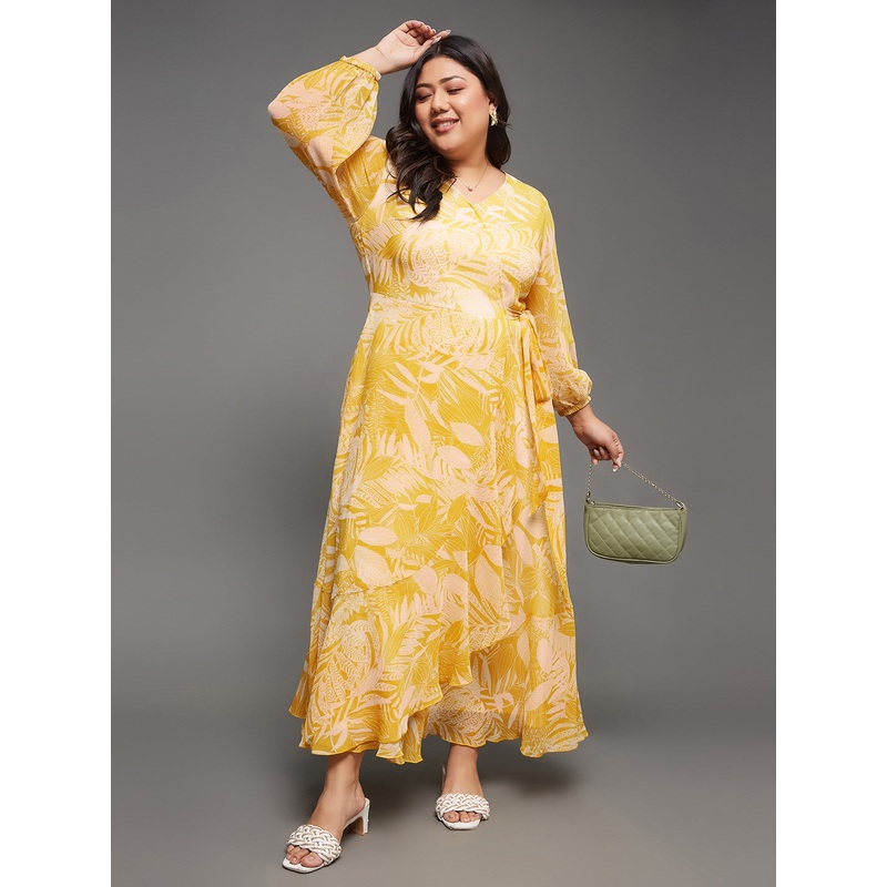 Yellow Floral Printed Full Sleeves Fit and Flare Maxi Dress for Women XS Yellow & White
