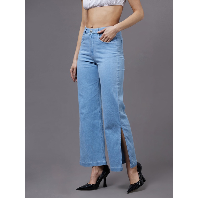 24/7 Comfort Light Blue Wide-Leg High-Rise Clean-Look Regular Stretchable Denim Jeans 28 Light Blue