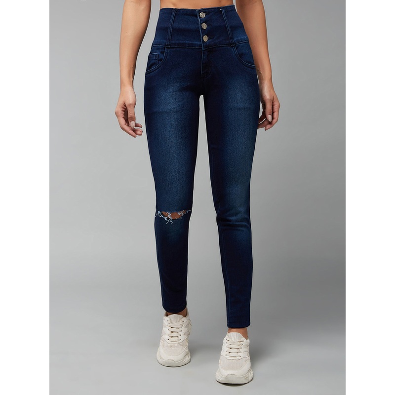 24/7 Comfort Navy-Blue Skinny-Fit High-Rise Knee-Slit Stretchable High-Rise Denim Jeans 26 Navy Blue