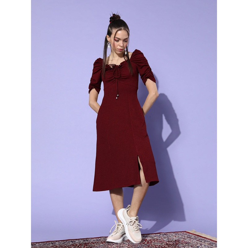 Crease Ease Women’s Maroon Sweetheart Gathered Solid Ruching Midi Dress XS Maroon