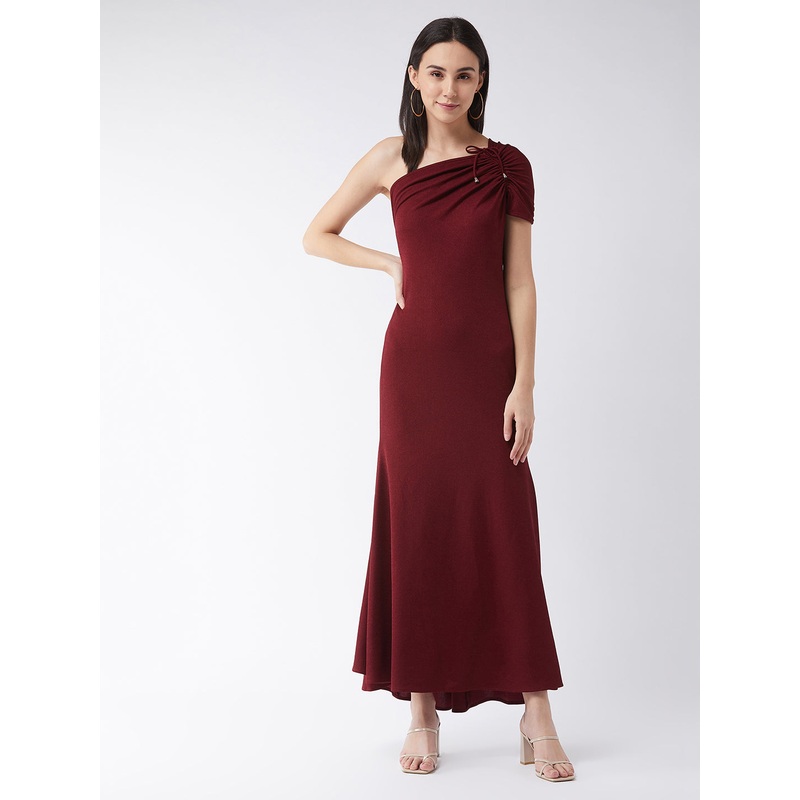 Maroon One Shoulder Mermaid Maxi Dress for Women XS Maroon