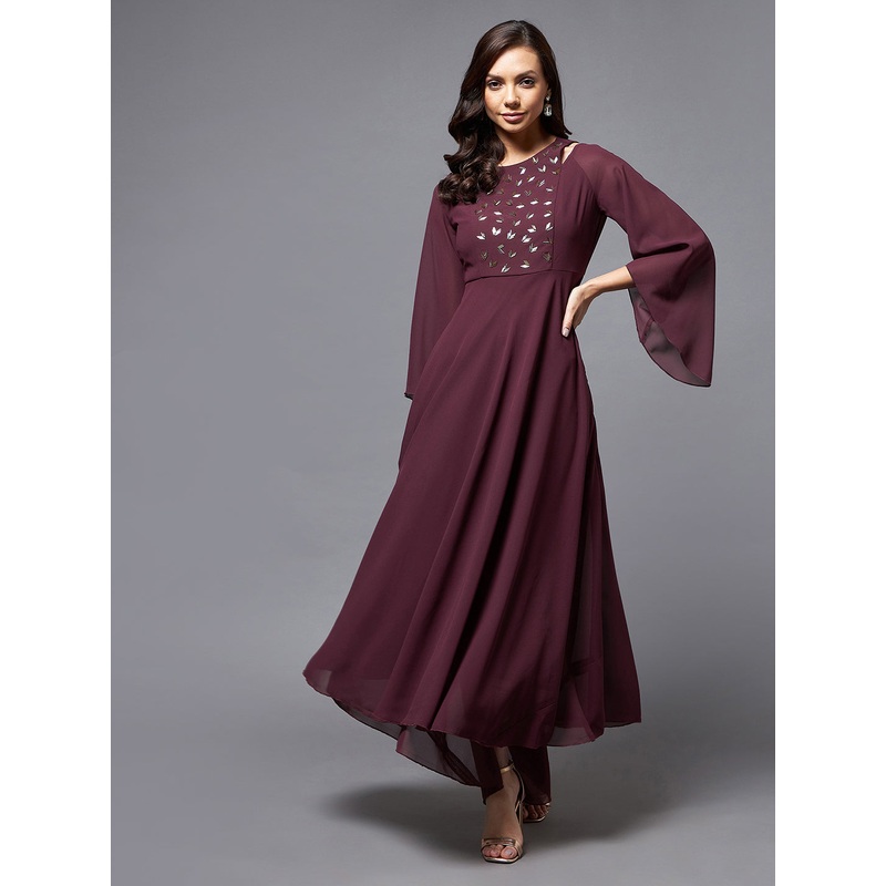 Wine Bell Sleeves Cold Shoulder Embroidered Maxi Dress for Women XS Wine