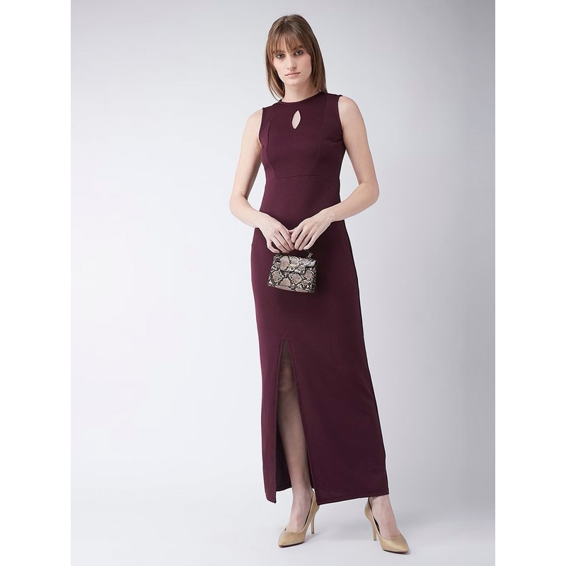 Wine Sleeveless Solid Maxi Dress for Women XS Wine Red