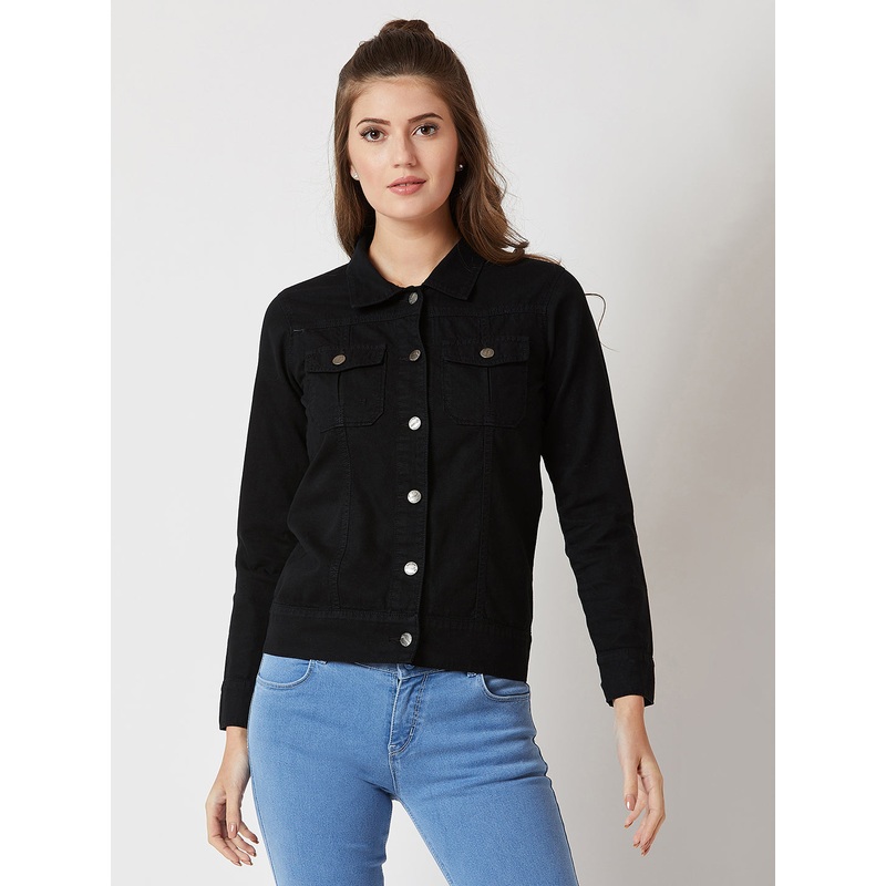 Women’s Black over dyed Polo Neck Full Sleeves Patch Pocket Denim Metal Buttoned Jacket XS Black