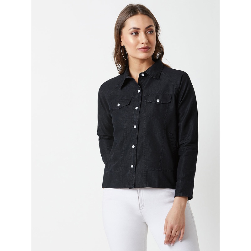 Women’s Black Polo Neck Full Sleeves Flap Detailing Denim Solid Regular Length Bomber Jacket XS Black