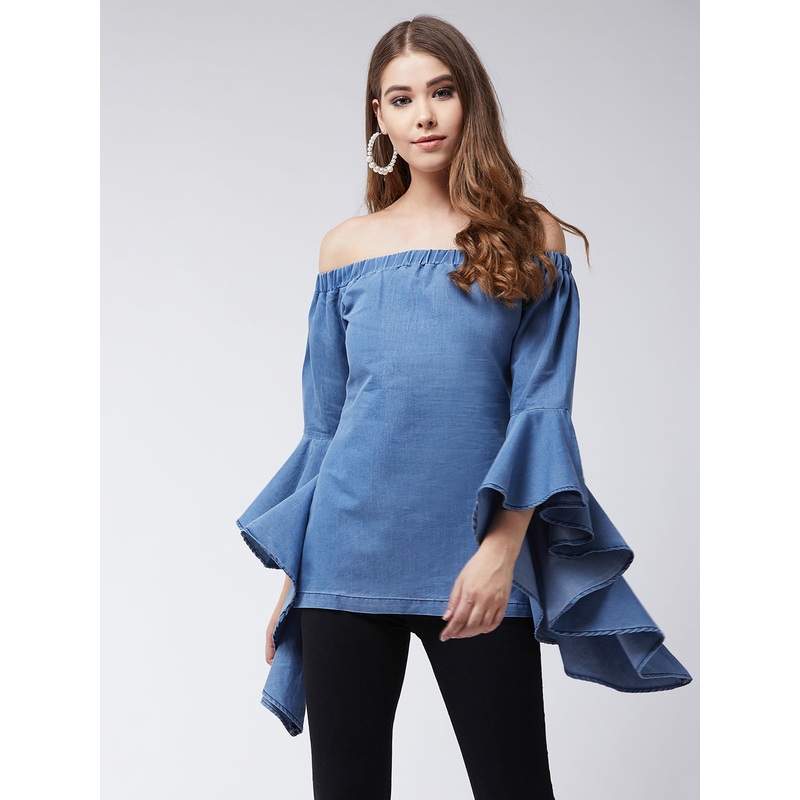 Women’s Blue Off-Shoulder Ruffled Full Sleeves Solid Denim Top XS Blue