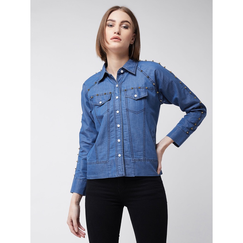 Women’s Blue Polo Neck Full Sleeve Solid Embellished Flap Detailing Buttoned Denim Bomber Jacket XS Blue