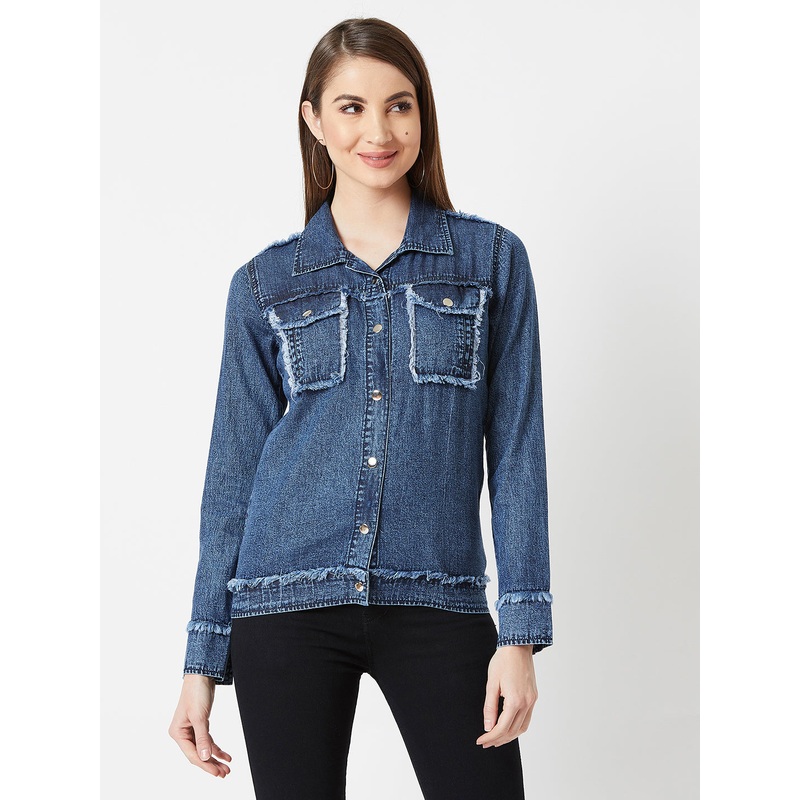 Women’s Blue Polo Neck Full Sleeves Snap Button Detailing Denim Solid Regular Length Jacket XS Blue
