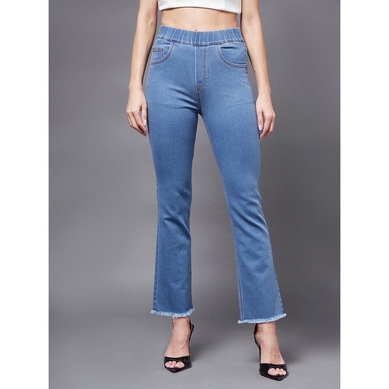 Women’s Blue Semi-Bootcut Bell-Bottom Mid-Rise Stretchable Denim Jeans 26 Blue