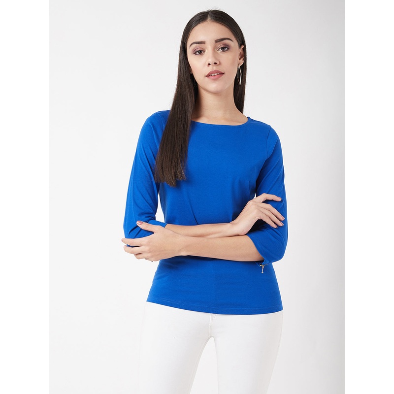 Women’s Cobalt Blue Round Neck 3/4 Sleeves Solid Zippered Top XS Cobalt Blue