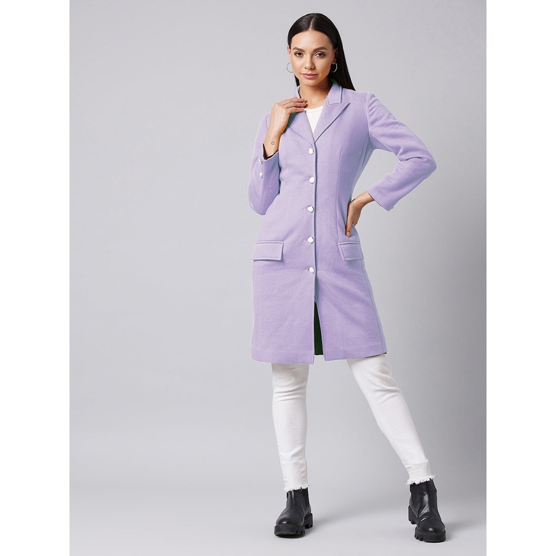 Women’s Lavender Notch Collar Full sleeve Solid Paneled Knee length Jacket XS Lavender