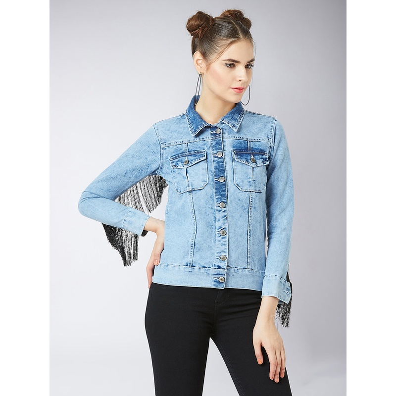 Women’s Light Blue Collared Full Sleeves Solid Fringed Jacket XS Light Blue