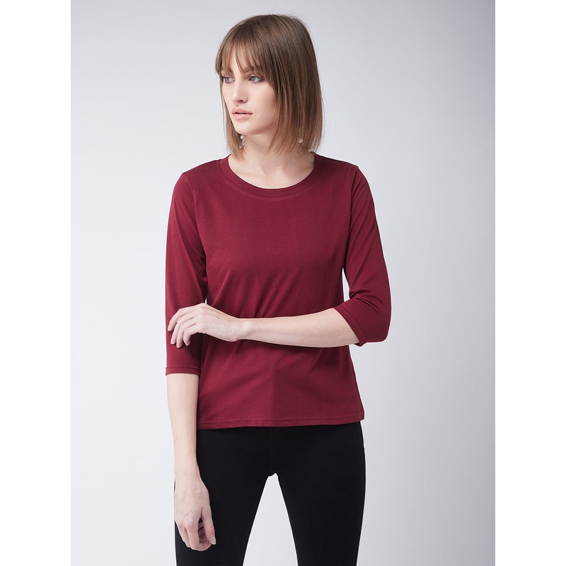 Women’s Maroon Round Neck 3/4 Sleeves Casual Basic Top XS Maroon