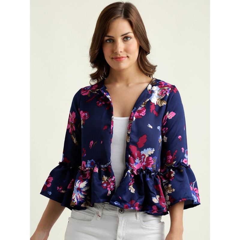 Women’s Multicolored Round Neck 3/4 Sleeve Floral Ruffled Open Front Jacket XS Multicolor-Base Navy Blue