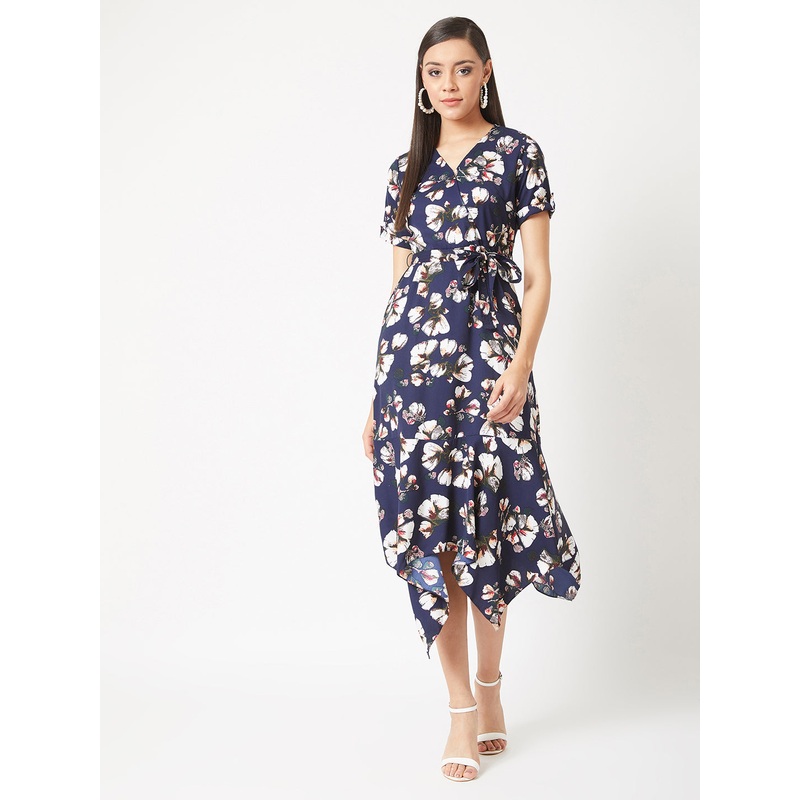 Women’s Multicolored V-Neck Half Sleeve Floral Midi Belted Wrap Dress XS Multicolor-Base Navy Blue