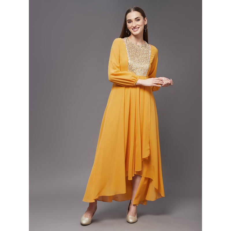 Women’s Mustard Embellished Shoulder Cut-out Full Sleeve Maxi Dress XS Mustard