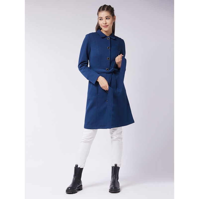 Women’s Navy Blue Collared Full Sleeve Solid Tie-up Longline Jacket XS Navy Blue