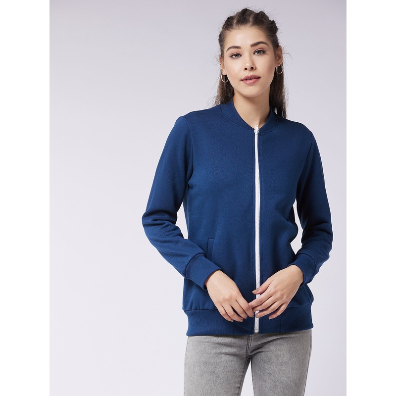 Women’s Navy-Blue Round Neck Full Sleeve Solid Bomber Regular Jacket XS Navy-Blue