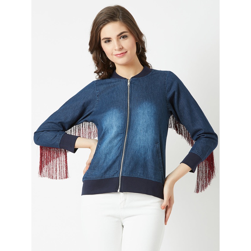 Women’s Navy Blue V-Neck Full Sleeves Solid Bomber Regular Jacket XS Navy Blue