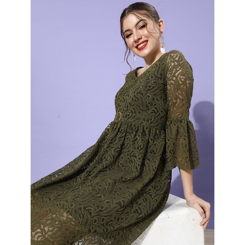 Women’s Olive V-Neck Ruffled Sleeve Floral Lace Overlaid Midi Dress XS Olive