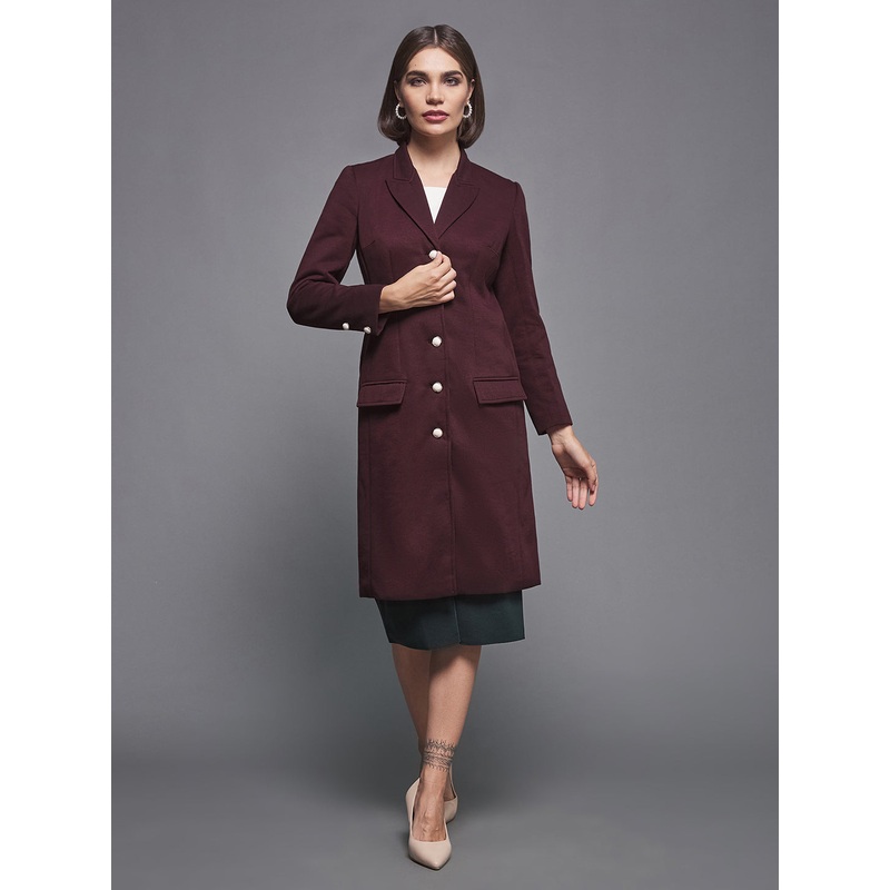 Women’s Wine Notch Collar Full Sleeve Solid Front-Open Knee Length Jacket XS Wine
